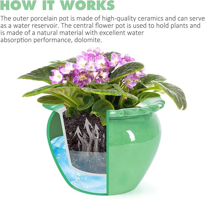 Large African Violet Pots 8 Inch Green Ceramic Easy Plant Self Watering Pot Ceramic Flowerpot with Water Absorbing Inner Pot Orchid Planter for Valentine's Day