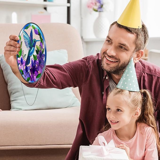 Stained Glass Sun Cather for Window Hanging, 8.6'' Hummingbird Window Ornament for Indoor Outdoor, Hand Painted Stain Glass Gift for Women, Bird Nature Lovers