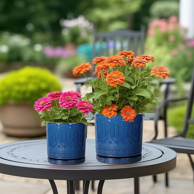 6 Inch Plant Pot - Ceramic Planter for Outdoor Plants Indoor Plant Pot with Drainage Holes and Saucer Succulent Pot Modern Round Flower Pot for House Room Decor Blue