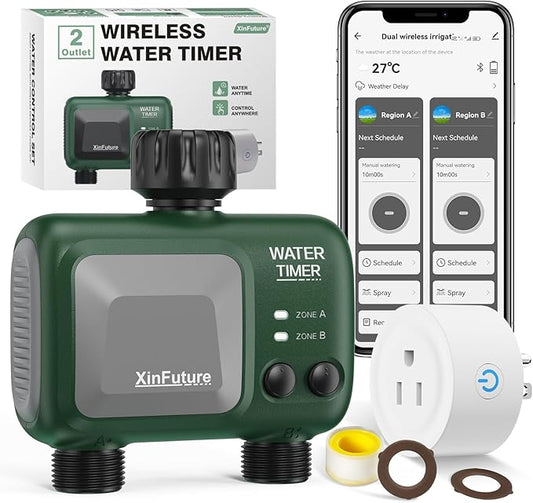 Smart Sprinkler Timer 2 Zone with Gateway, XinFuture WiFi Water Timer with Rain Delay, Manual& Automatic Watering System for Garden Hose Faucet, App& Voice Control, Outdoor Hose Timer for Yards Lawns
