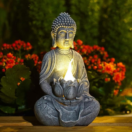Solar Meditation Buddha Garden Statues: Outdoor Sculpture with Tea Lights Decor for Patio Lawn Yard Art - Gifts for Mom Grandma