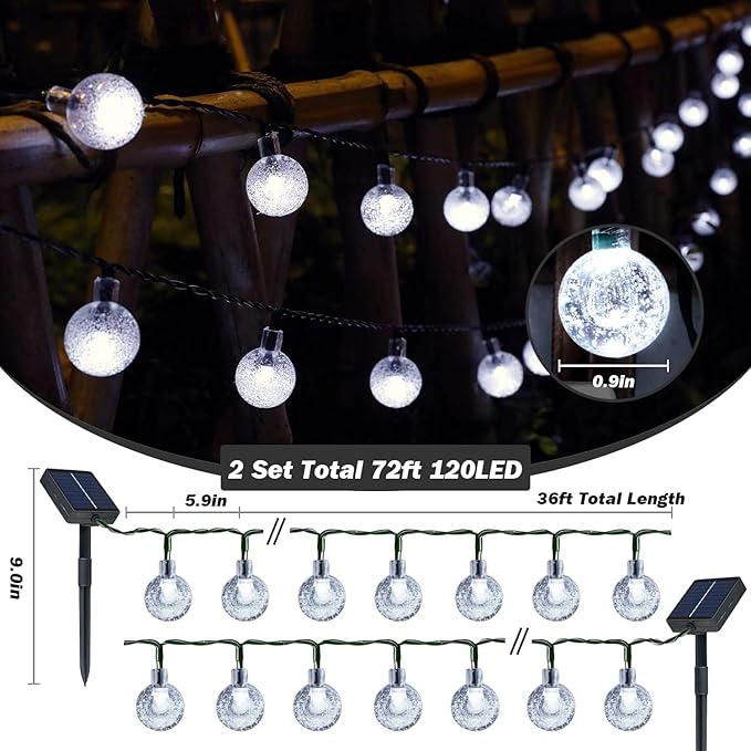 Solar Lights Outdoor Waterproof, 2 Pack Total 120LED 72FT Solar String Lights for Outside w/ 8 Modes, Outdoor String Lights Crystal Globe Patio Lights for Garden Yard Party Decor (Cool White)