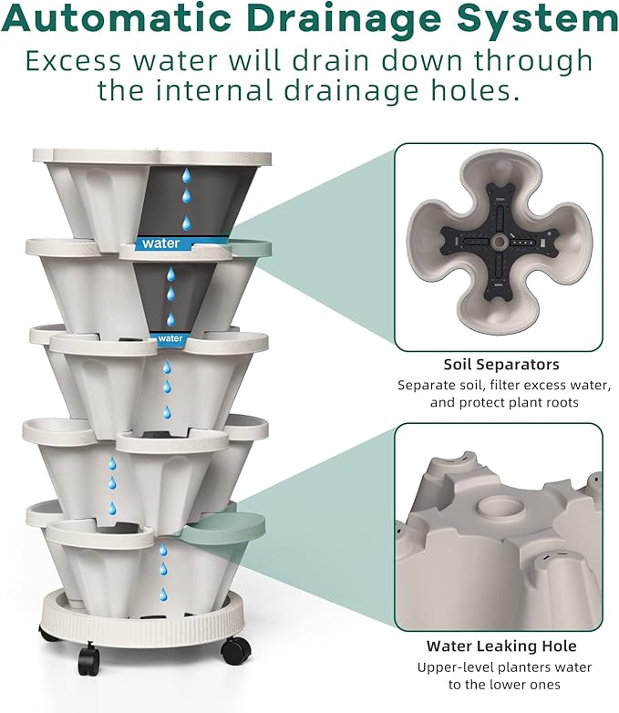 Strawberry Vertical Planter GardenTower, 5 Tiered Stackable Planter with Support Pole, Stacking Herb Vegetable Planters Indoor and Outdoor - Light Grey