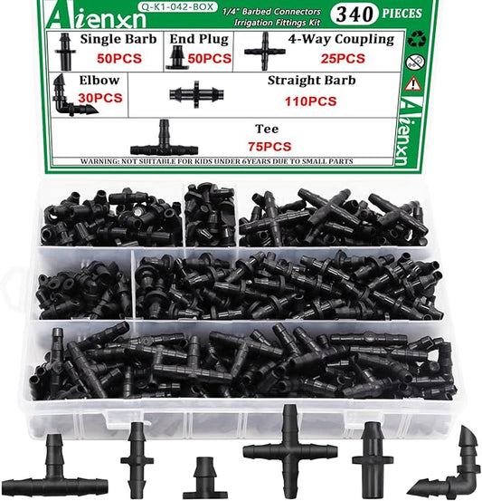 340PCS 1/4" Drip Irrigation Kit Barbed Connectors, Straight Barb, Tee, Single Barb, End Plug, Elbow, 4 Way Coupling Irrigation Fittings for Garden Lawn Flower Pot
