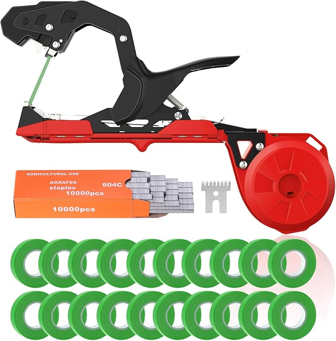 Plant Tying Machine with Green Tape, Lightweight Plant Tape Gun Tool to Tie Up Vine, Plant Tapener Tying Tool for Tomato, Grape, 10000pcs Staples 20 Rolls Tape (Red)