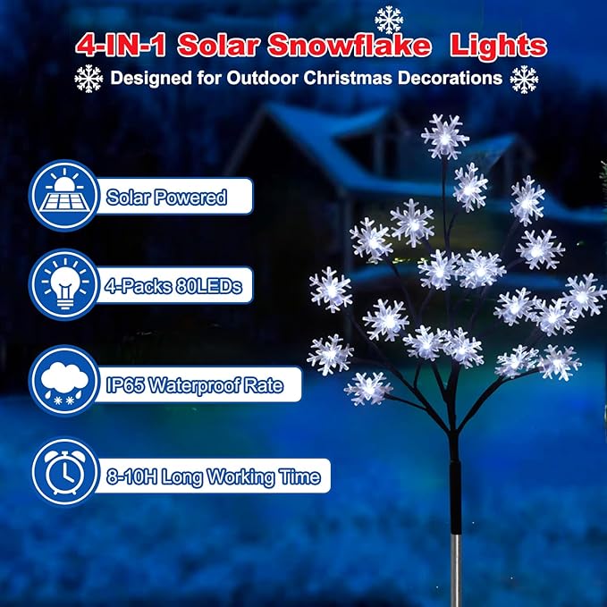 4-Pack 80LED Solar Snowflake Stake Lights - 8 Modes, Waterproof Outdoor Christmas Decorations for Garden, Yard, Pathway, Walkway