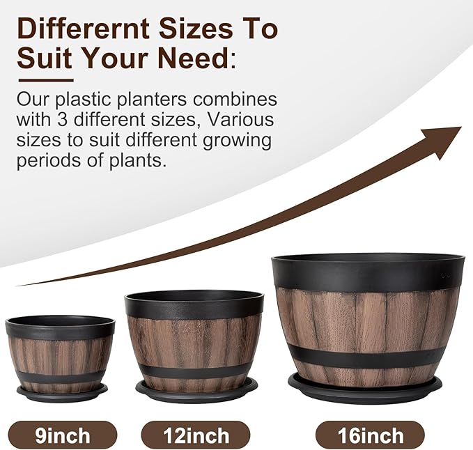 8 Pack Plant Pots with Drainage Holes, Include 8 of 9 inches Flower Pots with Saucers, Plastic Imitation Wine Barrel Design for Indoor Outdoor Garden Home Plants