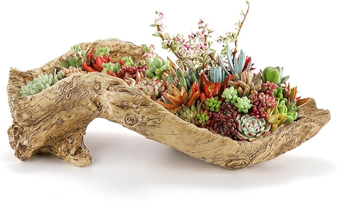 Artificial Driftwood Planter, Sculpture Resin Succulent Flower Pot, Creative Imitation Wood Stump Log Bonsai Plant Pot, Rustic Cactus Container with Drainage Hole for Garden, Indoor, Outdoor