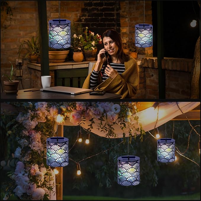 RGB Solar Lanterns Outdoor Waterproof Hanging Solar Lights Gifts for Men Women Metal Decorative LED Lanterns for Yard, Patio, Lawn, Tabletop, Pathway, Landscape, Garden Decor Fan Style(2 Pack)