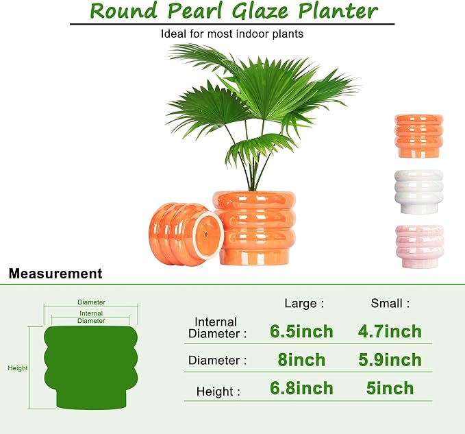 7.8 Inch + 5.7 inch 2 pcs Ceramic Plant Pots for Indoor Plants, Rainbow Pearl Glaze Planter with Planters for Plants with Drainage Hole, Orchid Pots, Succulent Pot, Flower Pot (Orange)