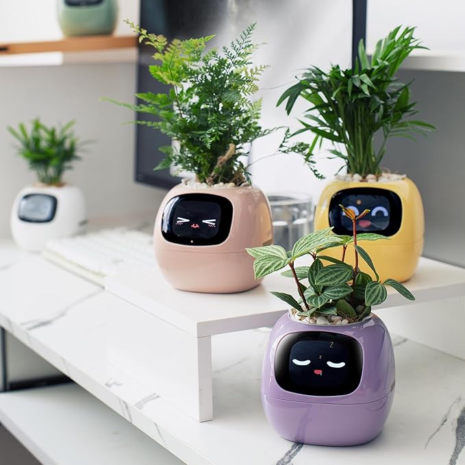 Smart pet Planter Robot Guidance on Plant Care with Emojis, Adorable Plant Companion with Rich Gesture Interaction, Neat Desk Setup Gift (Purple)