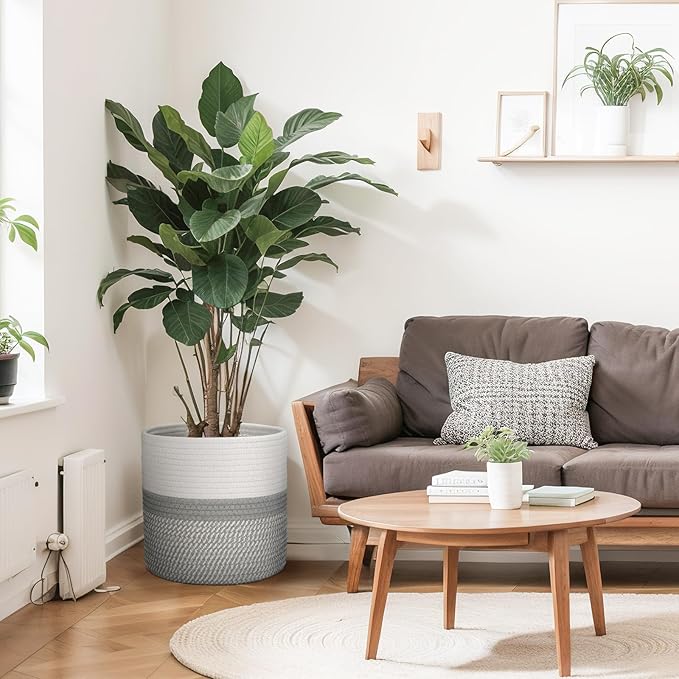 Plant Basket with Stand Indoor Planter Pot Holder Sturdy Jute Rope Modern Woven Basket, Cotton Rope Woven Pot with Bamboo Stand(10 Inch,White and Gray)