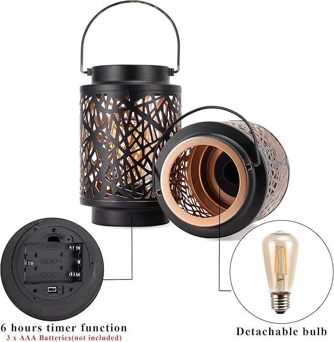 JHY DESIGN Set of 2 LED Battery Operated Table Lamp 8“H Cordless Lamp Light with 6-Hours Timer Metal Black Battery Lamp for Patio Garden Indoor Outdoor Party Events(Hollow Branch)