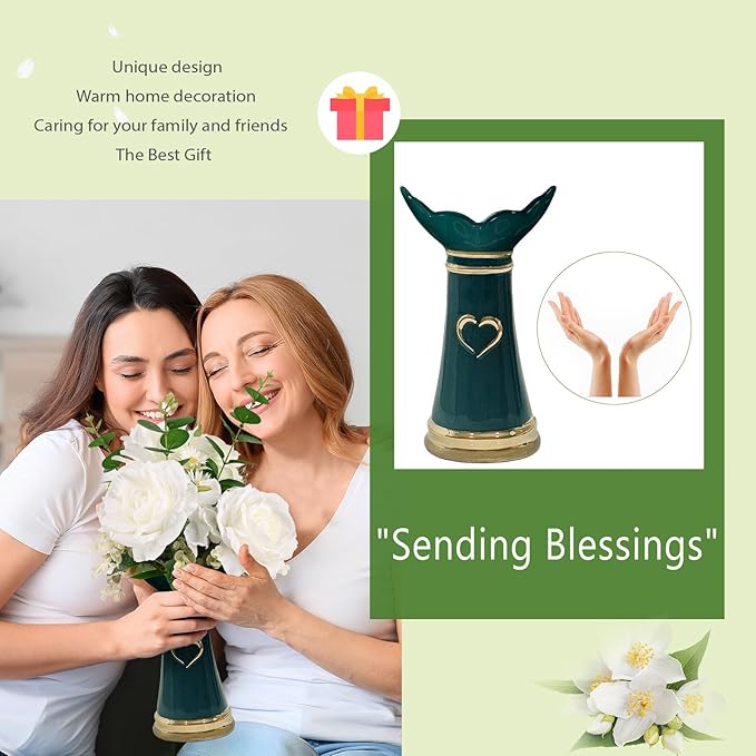 LoveLin Artificial Flower Arrangement for Ceramic Vase,White Roses Floral Bouquet Paired Abstract Prayer Hand Shaped Dark Green Vase,Affordable Luxury Art Pieces,Lndoor Ornament, 17″