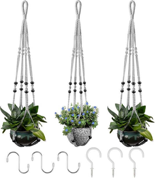 RIFNY Macrame Plant Hanger for 5 to 10 Inch Plant Pots, 35 Inch Indoor Handmade Woven Rope Hanger Kits with Hooks and Wood Beads, Hanging Planter Basket Holder for Boho Home Decor (Grey, 3 Pack)