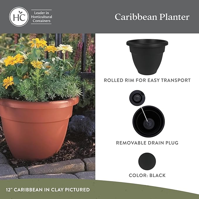 The HC Companies Caribbean Planter Pot - Outdoor & Indoor Plant Pot with Drainage Hole & Plug - Rolled Rim Plastic Pots for Plants & Flowers - Decorative Plant Pot (16" Black, Pack of 2)