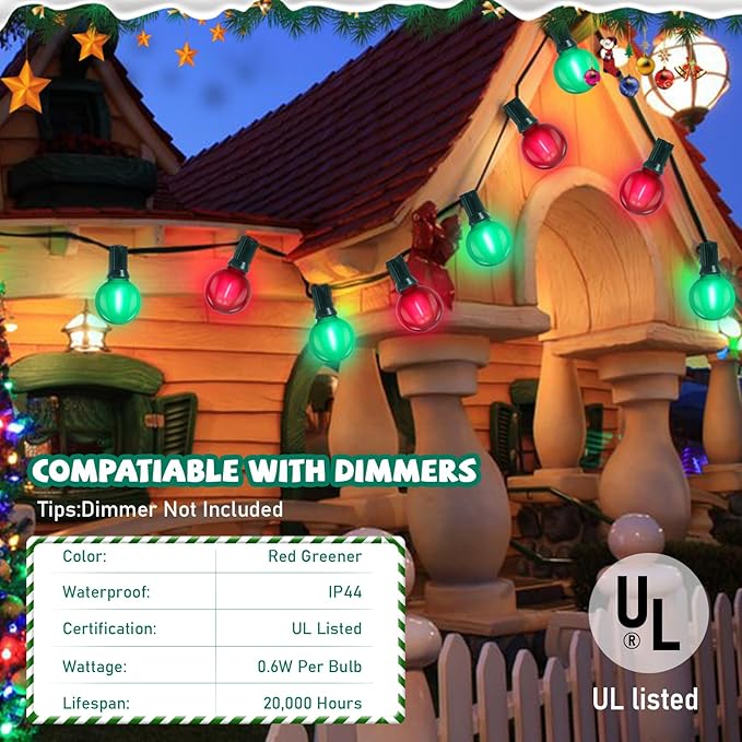 G40 LED Outdoor Christmas String Lights 50FT Hanging Globe String Lights with 27 LED Shatterproof Frosted Red Green Lights(2 Spare), Waterproof Patio String Lights for Balcony Backyard Pergola Decor