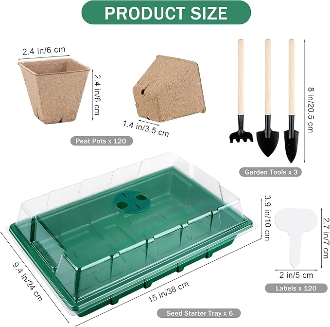 6 Pack Seed Starter Tray Kit with 120 Square Peat Pots for Seedlings, Including Plants Labels, Planting Tools, Growing Trays Plastic Germination Tray Paper Starter Pods for Plant Seeds, Green
