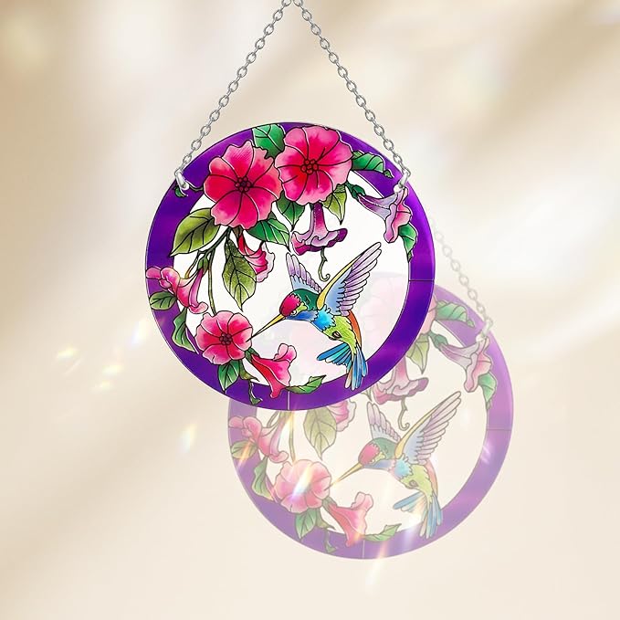 Larger Purple Stained Glass Window Hanging, Hummingbird Gifts for Women, Bird and Flowers Suncatcher, Hummingbird Gifts for Women, Bird and Flowers Suncatcher for Window, Hand Painted Glass