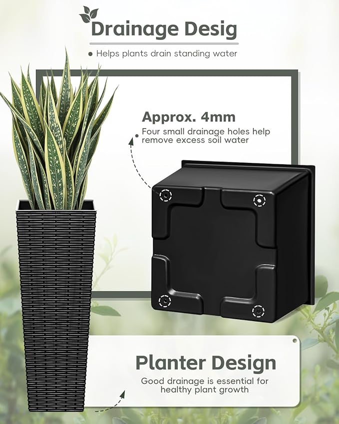 Greesum Large Tall Planter for Outdoors Plants, Set of 2, 24" Tall Plastic Flower Pots, Tapered Porch Planter with Drainage Holes for Patio, Backyard, Black