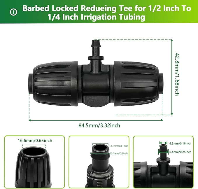12 Pcs Drip Irrigation Fittings for 1/2 Inch Tubing (1/2" ID x 0.65" OD) to 1/4 Inch Irrigation Tubing, Locked Barbed 1/2" to 1/4" Reducing Tee Connector Drip Line Parts