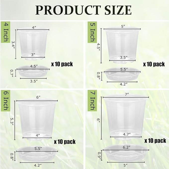 40 Pack 4/5/6/7 Inch Clear Nursery Pots with Drainage and Saucer, Clear Plastic Planter Pots for Plants, Flexible Seed Starting Pots for Succulents, Small Herbs, Annual Flowers