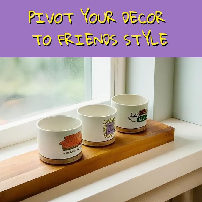 Friends TV Show Merchandise Gifts, 3 Pack Ceramic Succulent Pots, Vintage Style Patterns, 3.15 inch Succulent Planter Pots with Drainage Hole and Bamboo Saucer for Home Decor