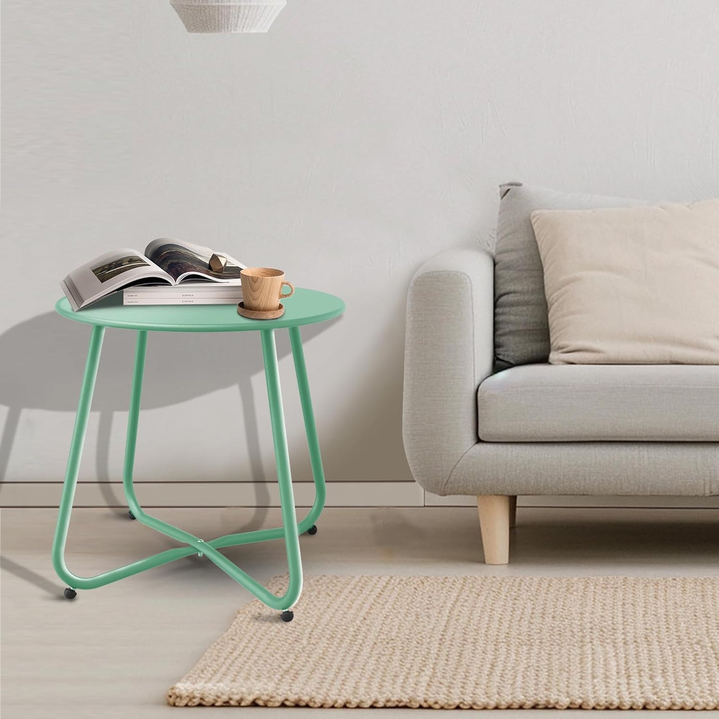 Patio Side Table Waterproof Round Metal Steel Weather Resistant Portable Outdoor and Indoor End Table for Garden Balcony Yard, Bean Green