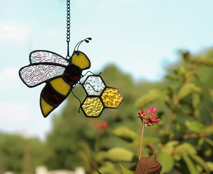 Bee On Honeycomb Stained Glass Window Hangings, Bee Suncatcher Garden Bee Decor Bee Gift for Mom Women