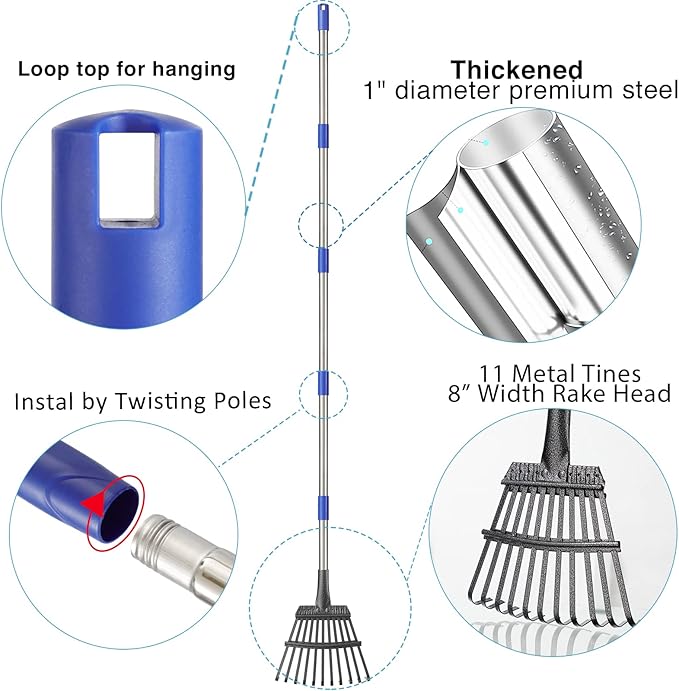 Leaf Rake for Leaves, 8" Wide Heavy Duty Metal Garden Rake 11 Tines, Adjustable Lawn Yard Shrub Kids Rake, 5.2ft