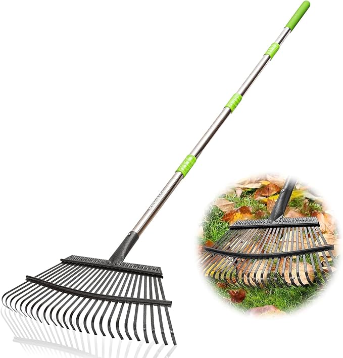 Joyhalo Rake for Leaves Adjustable 65 Inch Long, 18 Inch Wide Garden Rake with 25 Tines, Metal Leaf Rake, Rakes for Lawns, Gathering Leaves, Weeds, Debris