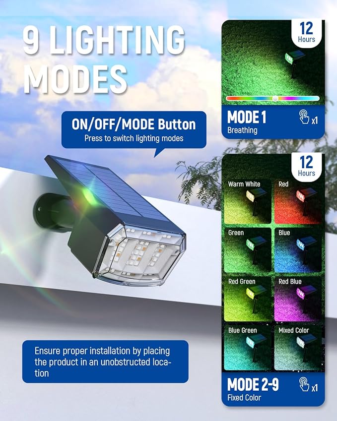 Solar Spot Lights Outdoor, 9 Lighting Modes RGB, Solar Lights Outdoor Waterproof IP65, 63 LED Landscape Spotlights for Holiday Decorations-10 Pack