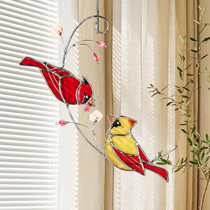 Cardinal Suncatchers Stained Glass for Window Hangings, Cardinal Sun Catchers Gifts for Women, Red Birds Sun Catchers for Christmas Dec, Cardinal Window Suncatcher Ornament