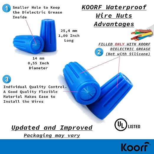 UL LISTED Waterproof Wire Nuts MEDIUM Outdoor 50/Box Landscape Wire Connector Electrical Nuts Caps for Sprinkler LED Light Irrigation Valves (50, 1.37 x 0.66 Inch) (Blue)