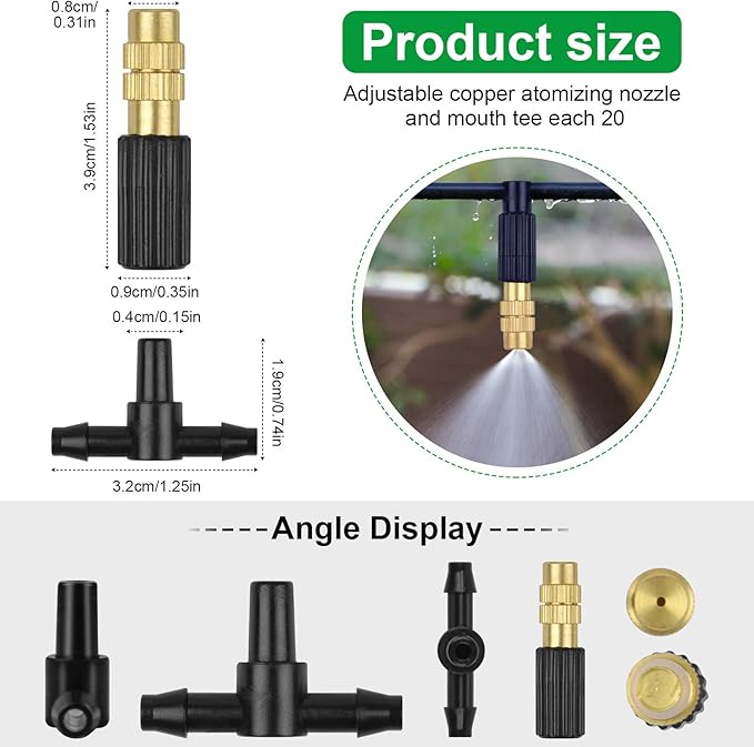 Kalolary Irrigation Nozzle Adjustable Copper Atomizing Nozzle Connect 4/7 Hose Tube Micro Nozzle Drip Irrigation Sprayer Garden Cooling Irrigation Equipment with 3-Way Drip Irrigation Connector