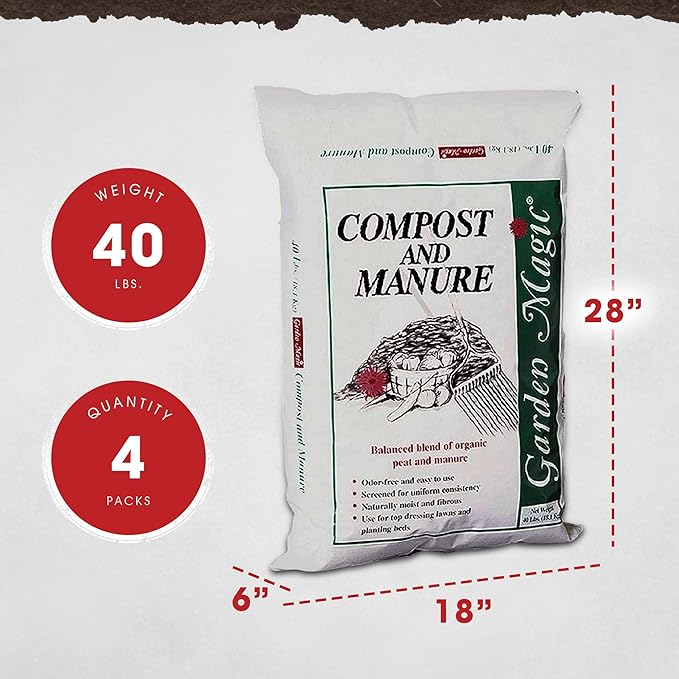 Compost and Manure Blend for Fertilizing Potting Soil Amendment in Planters, Raised Beds, and More, 40 Pound Bag, 4 Pack