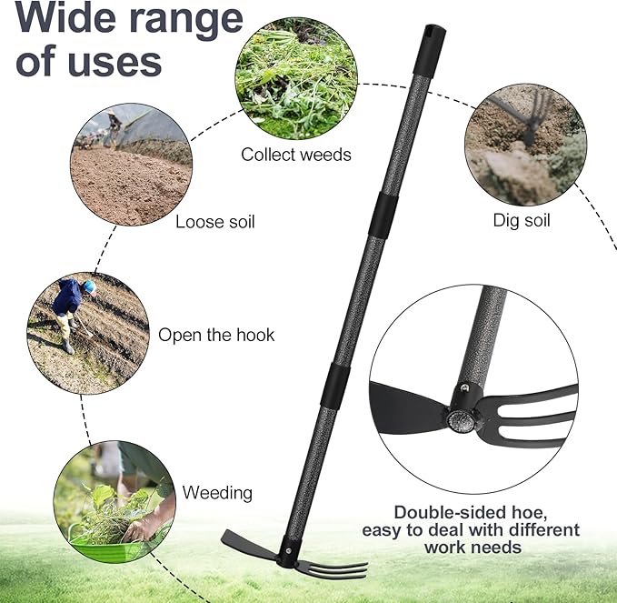 Cultivator Hoe Garden Tool, 45 inch Stainless Steel Long Handle Heavy Duty Gardening Tools，Extended Reach Double Hoes Suitable for Digging Loosening