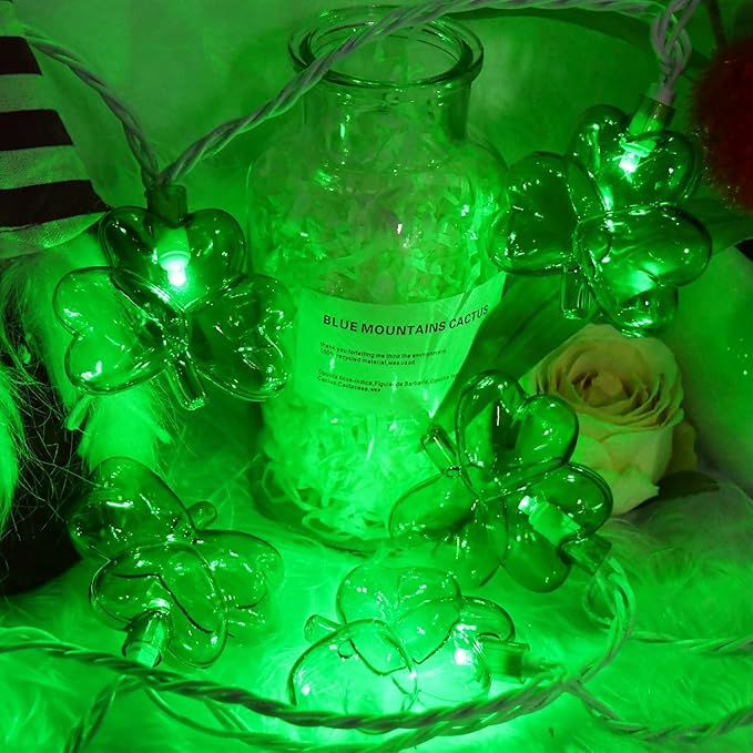 8.5FT Clear Green Shamrock Lights, St Patricks String Lights Outdoor Waterproof with 10 LED Light for rish Shamrock St Patrick's Day Party Indoor Home Garden Decorations