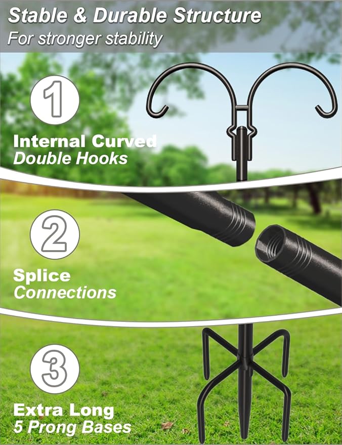 Outdoor Double Shepherds Hook with 5 Prong Base, 60 Inch Adjustable Heavy Duty Two Sided Bird Feeder Pole Stand for Hanging Plant Baskets, Solar Light Lanterns, Hummingbird Feeder, 1 Pack