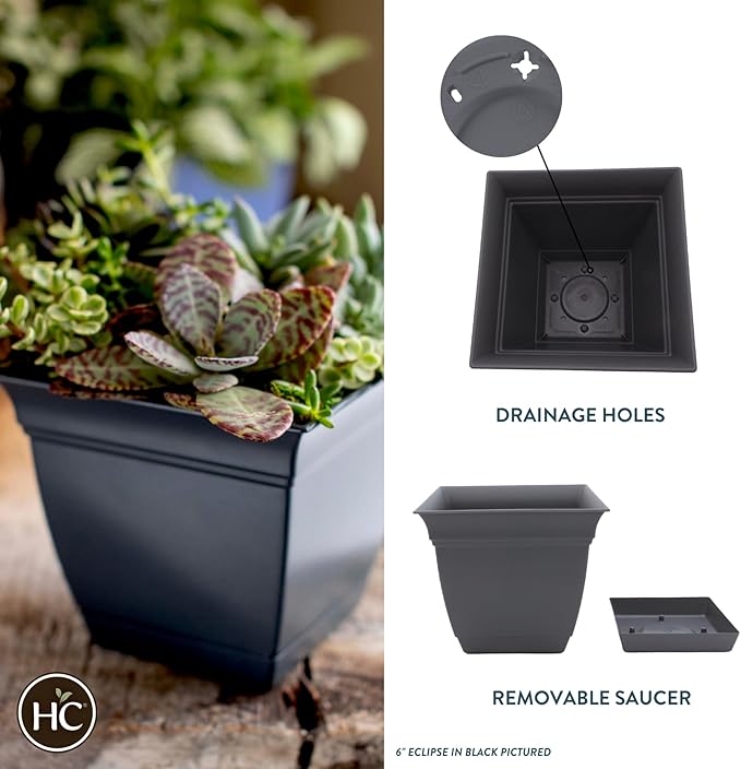 The HC Companies 8 Inch Eclipse Square Planter with Saucer - Indoor Outdoor Plant Pot for Flowers, Vegetables, and Herbs, Warm Gray