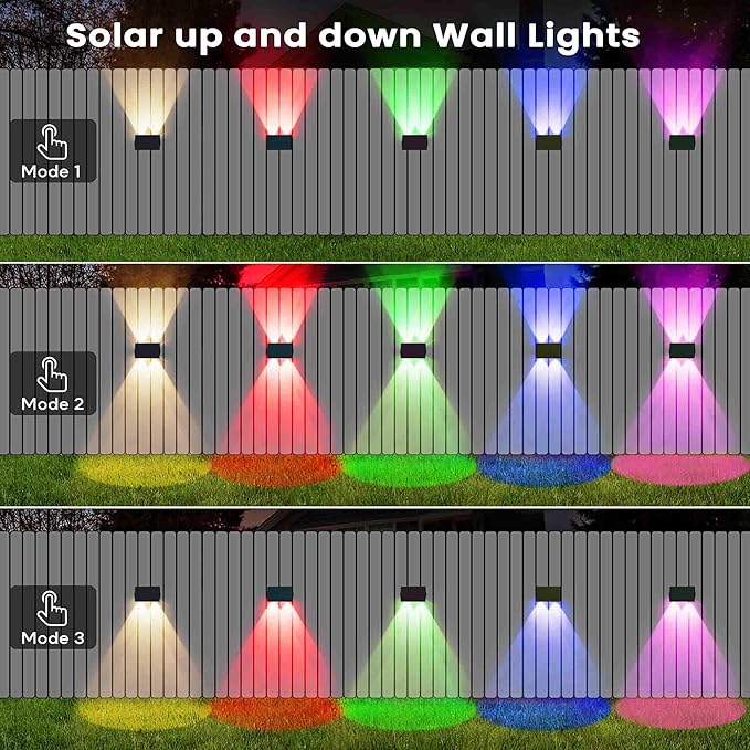Fence Lights Solar Powered, 6-Pack Solar Fence Lights Up/Down Flexible Buttons, IP67 Waterproof for Outdoor, 120LM Bright, Auto Dusk to Dawn for Wall/Stairs/Yard/Railing/Deck/Pathway (White & RGB)