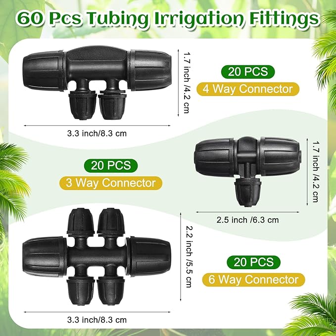 60 Pcs Tubing Irrigation Fittings for 8/11mm Drip Tubing to 4/7mm Irrigation Tubing Drip Irrigation Parts Anti Drop Irrigation Hose Fittings (3 Way, 4 Way and 6 Way Connector)