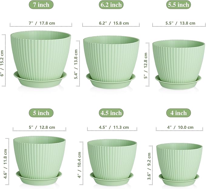 7/6.2/5.5/5/4.5/4 inch Plant Pots, 6 Pack Flower Pots for Small Indoor Outdoor Plants, Plastic Planters with Drainage Holes and Saucers for Garden Succulent House Plants, Green