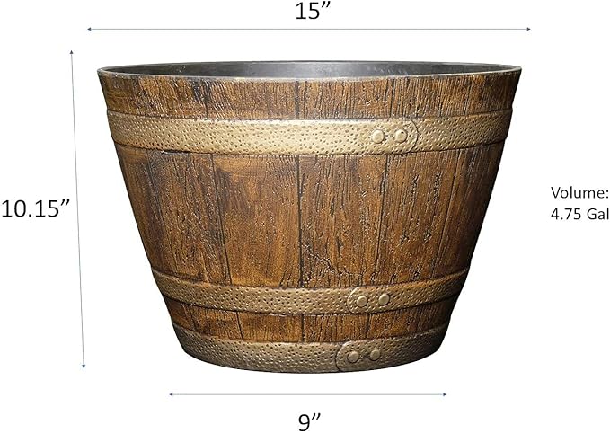 Classic Home and Garden Whiskey Plastic Resin Flower Pot Barrel Planter, Oak Brown, 15"