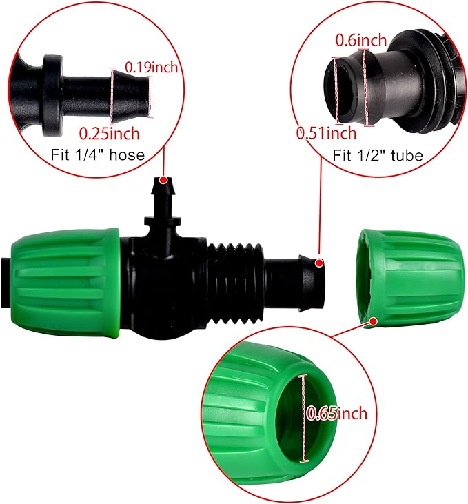 1/2 Inch to 1/4 Inch Drip Irrigation Tubing Fittings, Locking Caps Barbed Tee, Fit 1/2" Drip Tubing (OD: 0.6-0.65") x 1/4 Hose (ID 4mm)-12 Pcs/pack