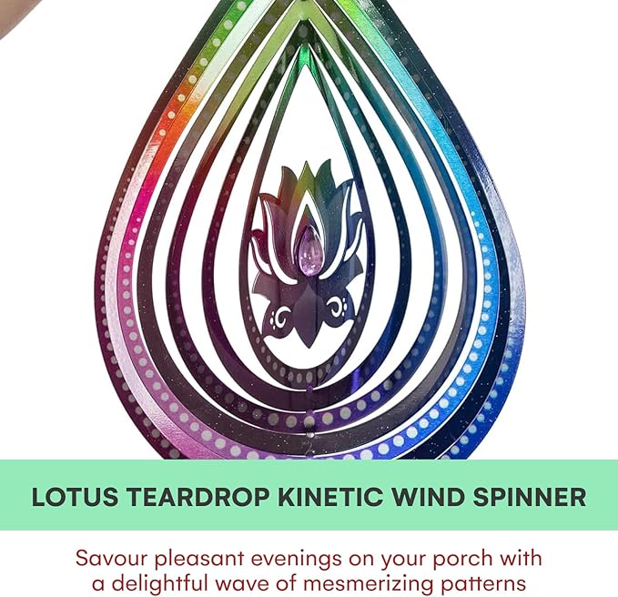 VP Home Lotus Teardrop Wind Spinner - 3D Metal Outdoor Hanging Lotus Decor for Garden and Yard - Kinetic Wind Spinners with S-Hook, Durable Weather-Resistant Steel - 8.5 x 15 Inches