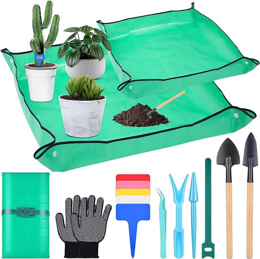 2Pcs Repotting Mat for Indoor Plants, 39''Large Potting Mat and 26''Small Planting Mat with Plant Accessories Foldable Waterproof Plant Gardening Mat, Portable Potting Tray for House Plants Succulents