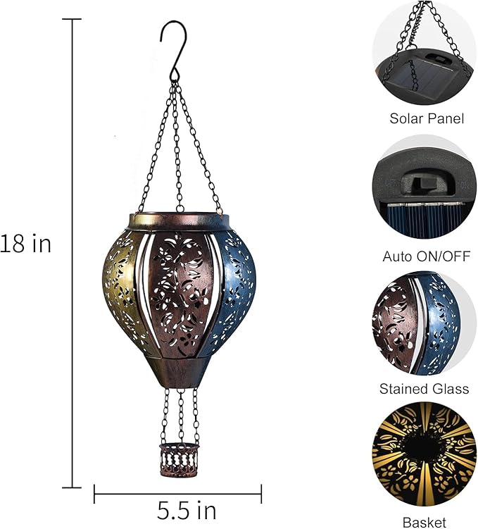 pearlstar Hot Air Balloon Solar Lantern Outdoor Waterproof Hanging Solar Light Decorative for Table Patio Yard Garden Lawn Landscape Lighting, Gardening Gift for Women Mom, Flower