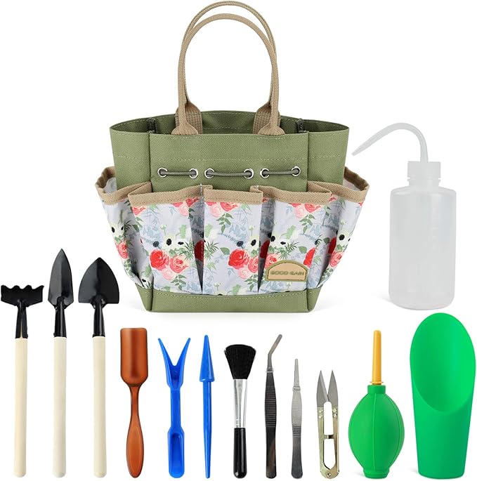 G GOOD GAIN Garden Succulent Kit with Organizer Bag, 14 Pieces Succulent Tools, Indoor Mini Hand Gardening Tools Set with Carrier for Bonsai Planter Miniature Fairy Planting Care(Rose)