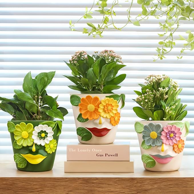 GUGUGO Abstract Face Flower Planters Colorful Unique Rainbow Head Planter with Drainage, Cute Flower Plant pot for Indoor Plants, Eclectic Succulent Gardening Pot for Home Décor (Orange&Yellow, 5Inch)